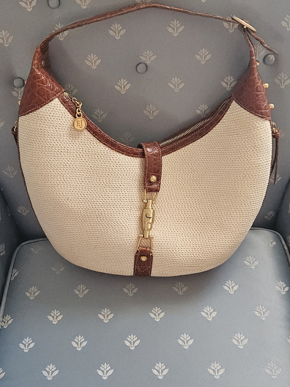 Eric Javits Cream Woven Shoulder Bag w/ Brown Moc Croc Leather & Golden Trim